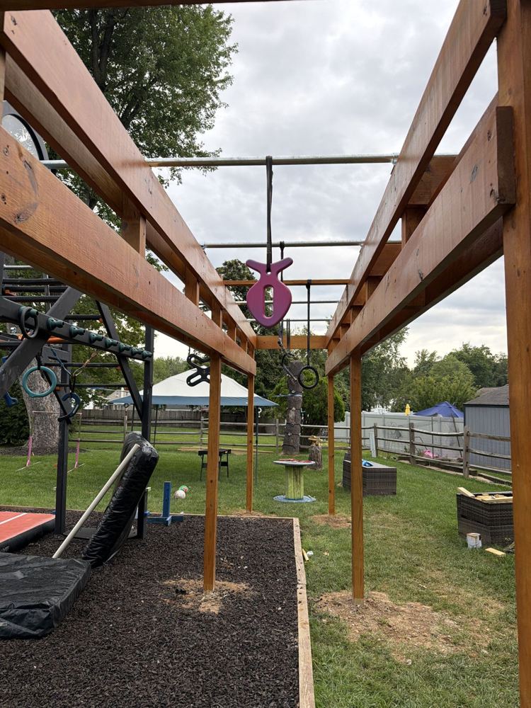 View down the length of a stained ninja rig with a pink grip hanging from the bars